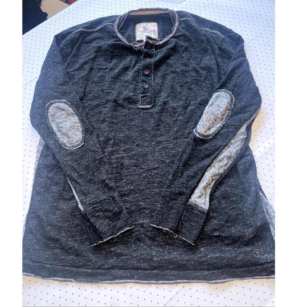 32 Bar Blues‎ Mens XL Distressed Henley Navy Elbow Patch Slub Cotton Shirt